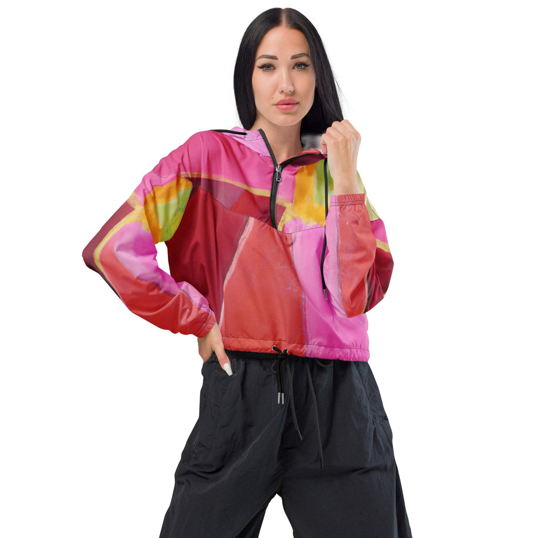 Womens Cropped Windbreaker Jacket Pink Mauve Red Geometric Pattern