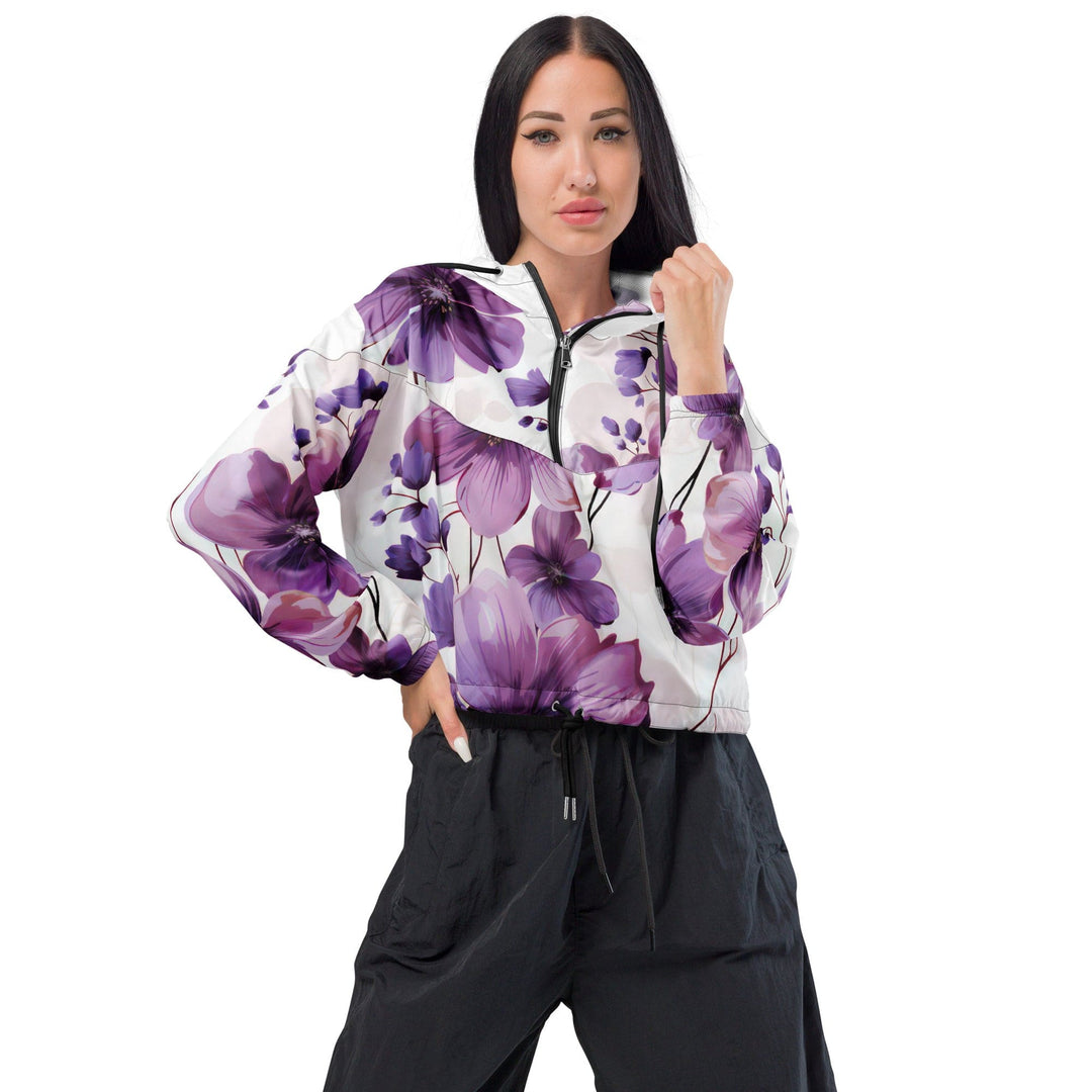 Womens Cropped Windbreaker Jacket Purple Botanical Blooms 2