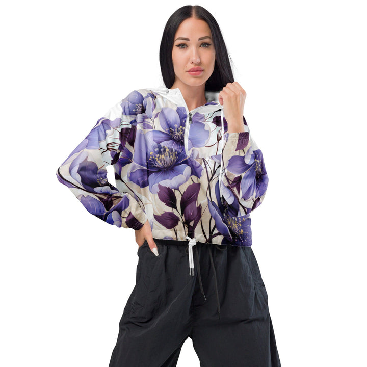 Womens Cropped Windbreaker Jacket Purple Botanical Blooms 3