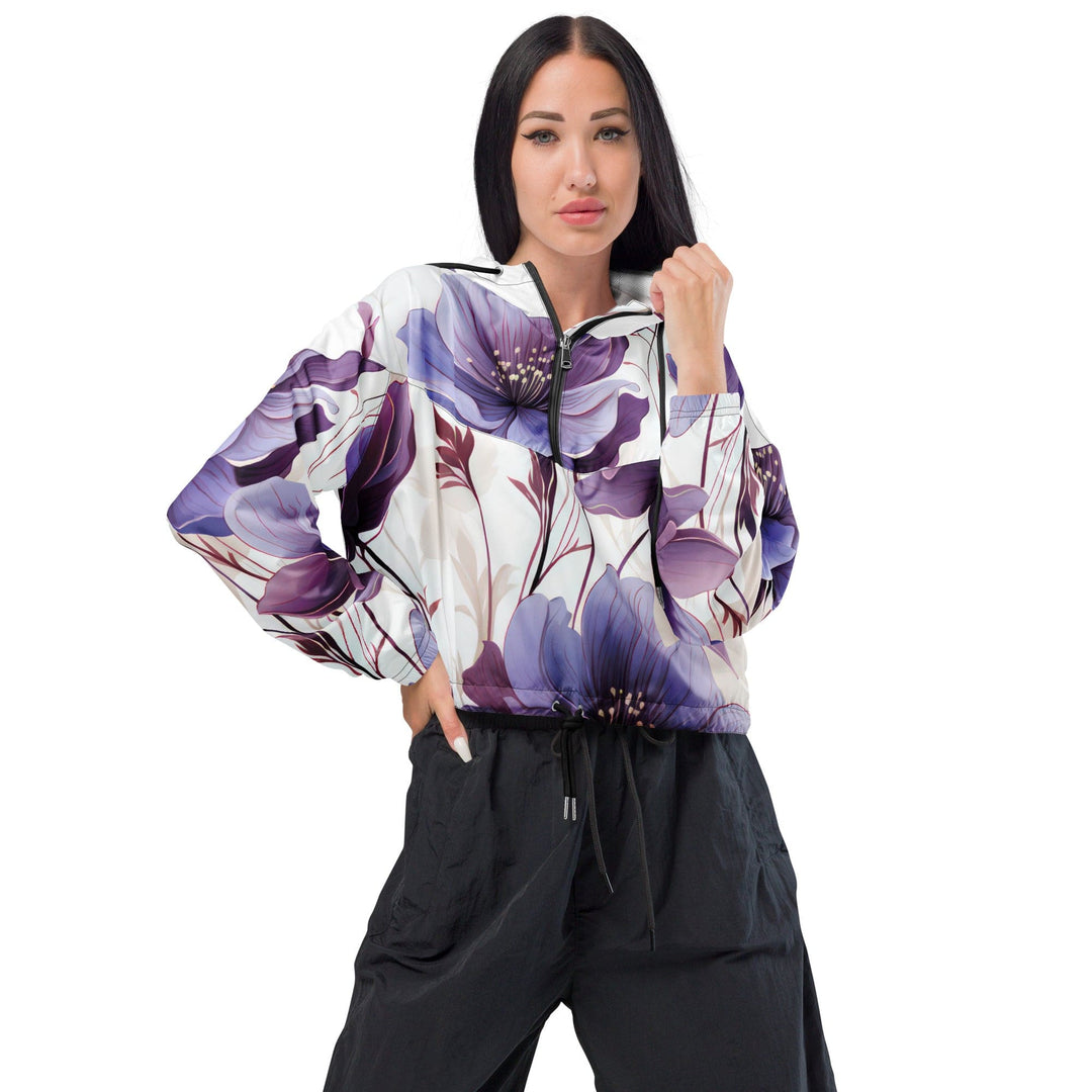 Womens Cropped Windbreaker Jacket Purple Botanical Blooms 4