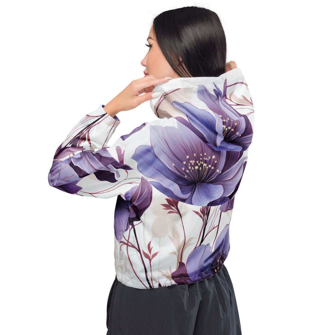 Womens Cropped Windbreaker Jacket Purple Botanical Blooms 4