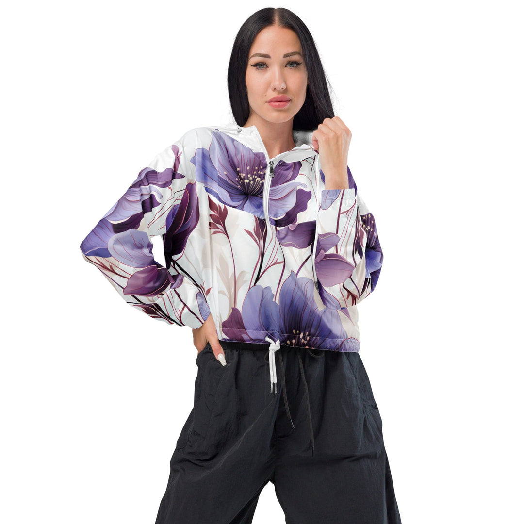 Womens Cropped Windbreaker Jacket Purple Botanical Blooms 4