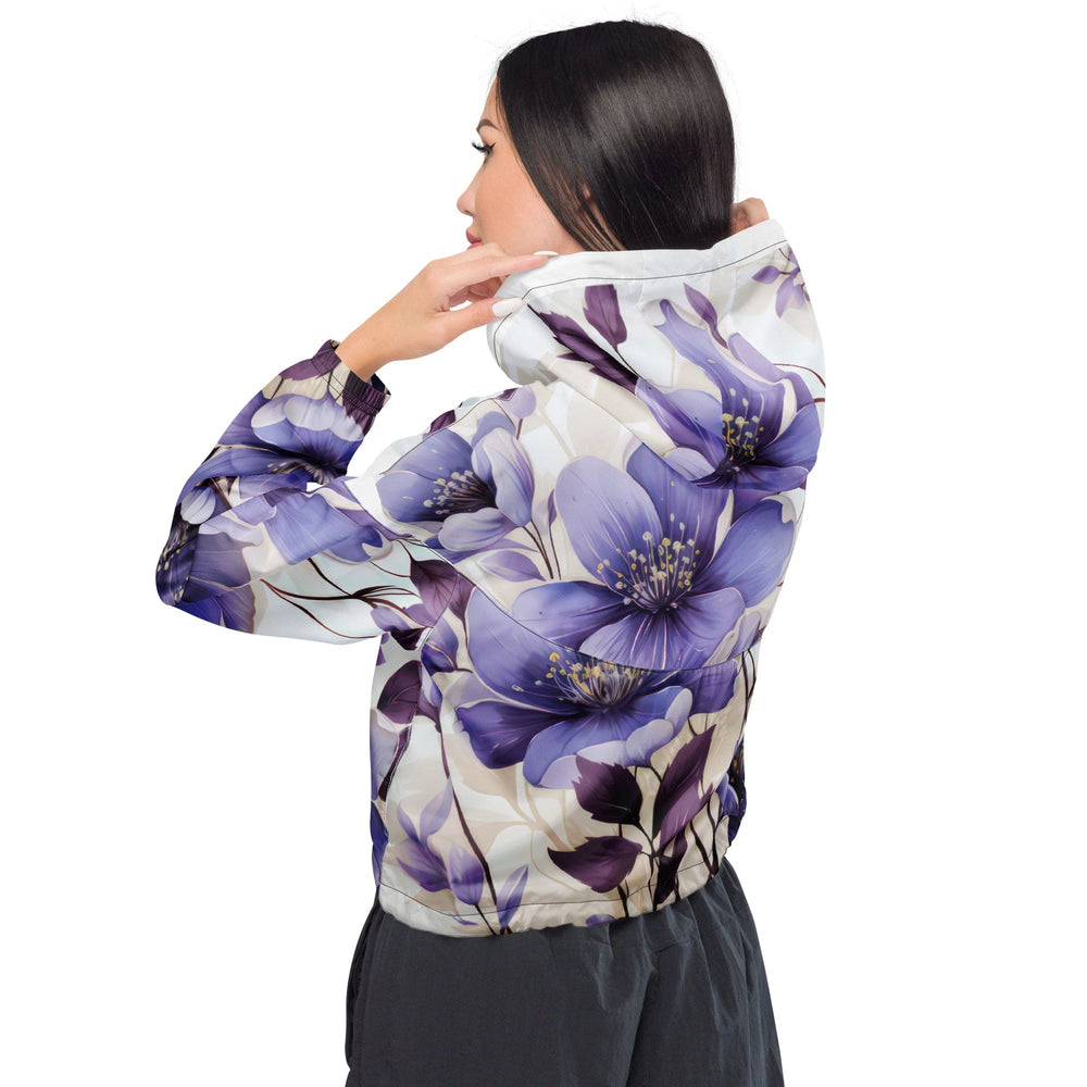 Womens Cropped Windbreaker Jacket Purple Botanical Blooms