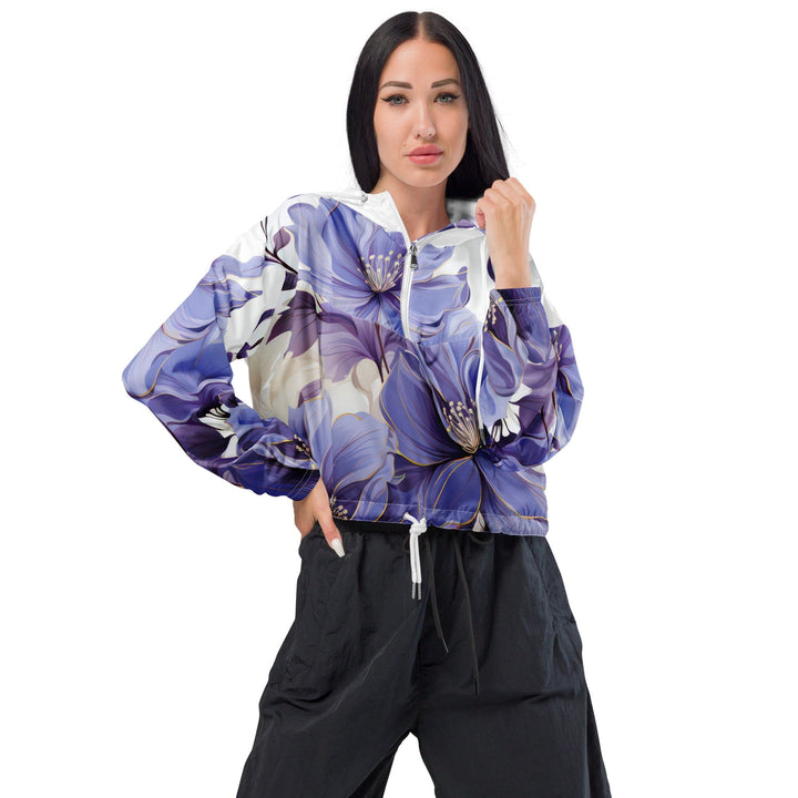 Womens Cropped Windbreaker Jacket Purple Botanical Blooms