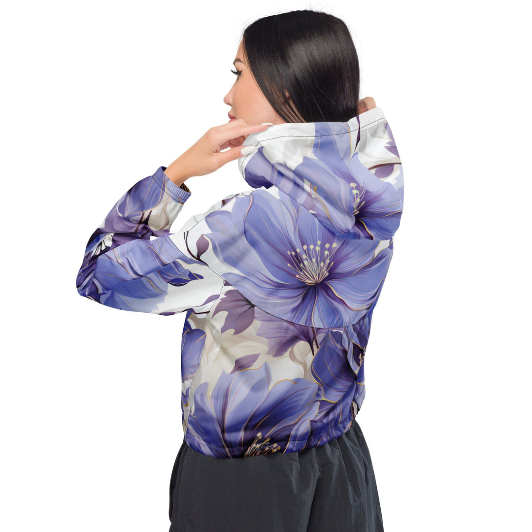 Womens Cropped Windbreaker Jacket Purple Botanical Blooms