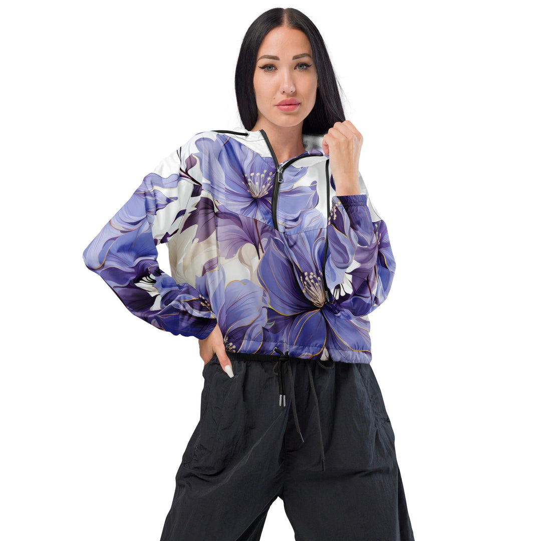 Womens Cropped Windbreaker Jacket Purple Botanical Blooms