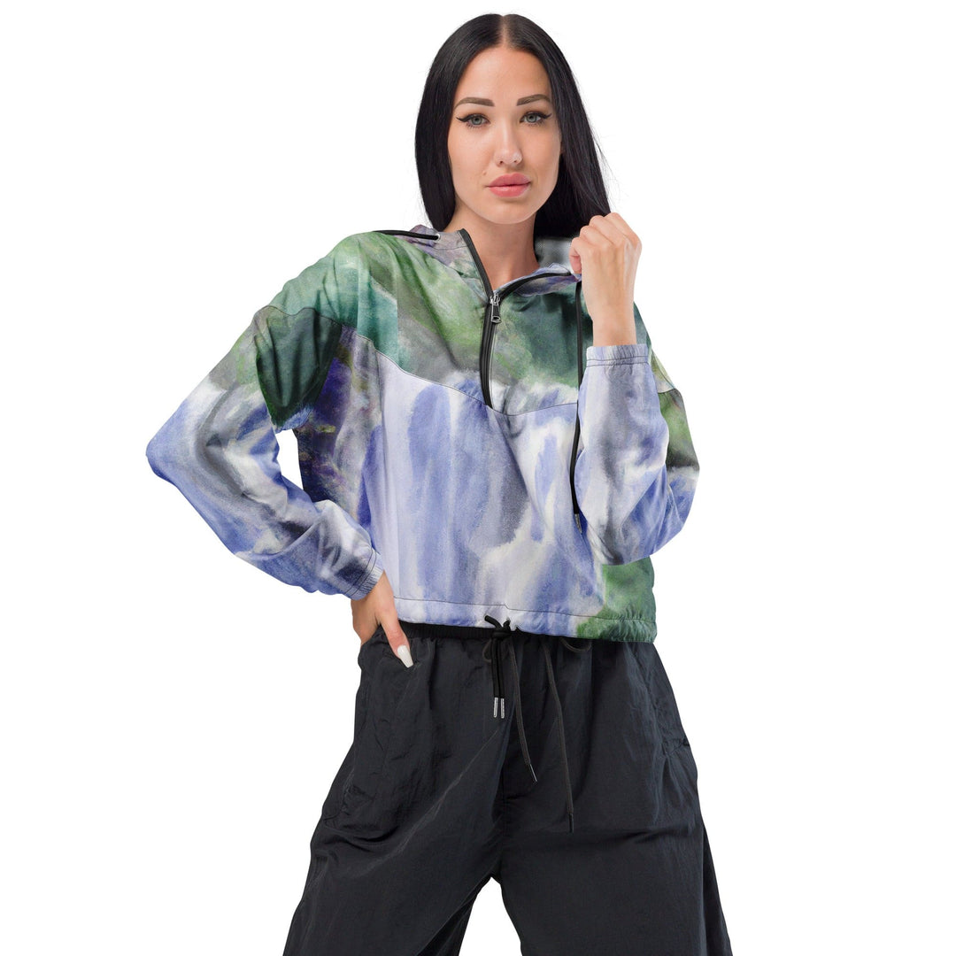 Womens Cropped Windbreaker Jacket Purple Watercolor Waterfall Green