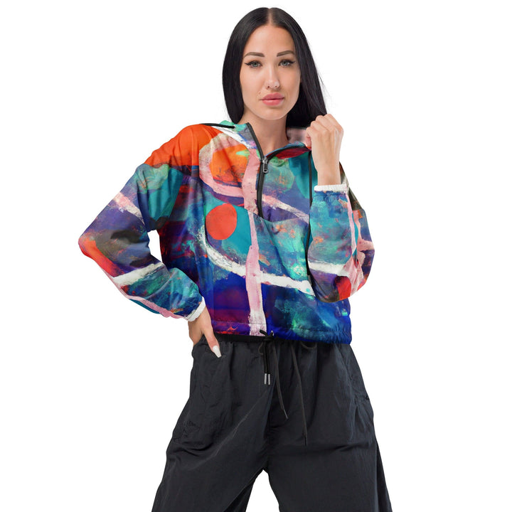 Womens Cropped Windbreaker Jacket Red Blue Multicolor Abstract Print