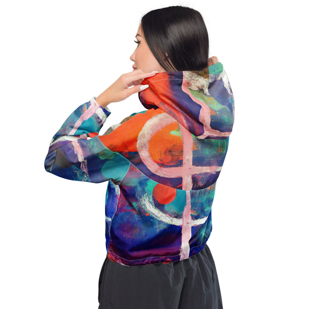 Womens Cropped Windbreaker Jacket Red Blue Multicolor Abstract Print