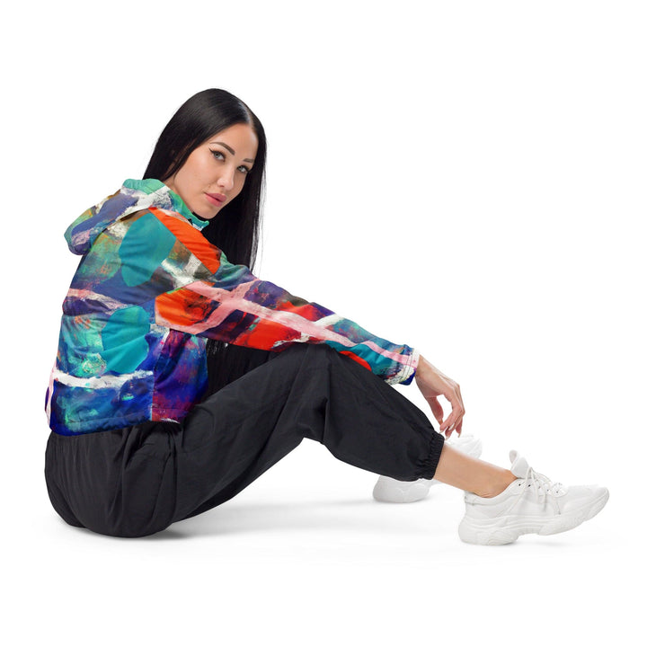 Womens Cropped Windbreaker Jacket Red Blue Multicolor Abstract Print