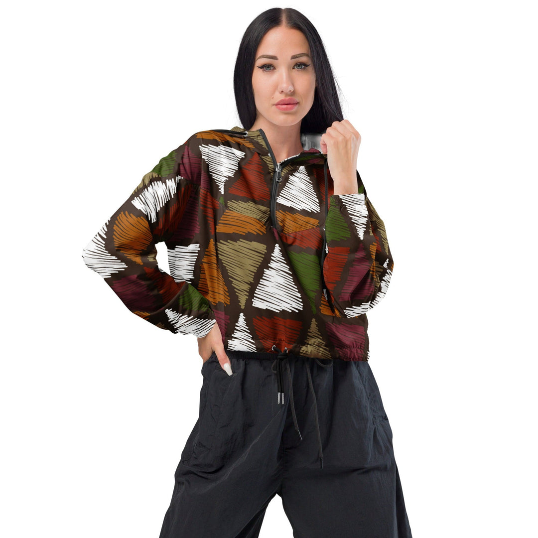 Womens Cropped Windbreaker Jacket Red Green Geometric Lines