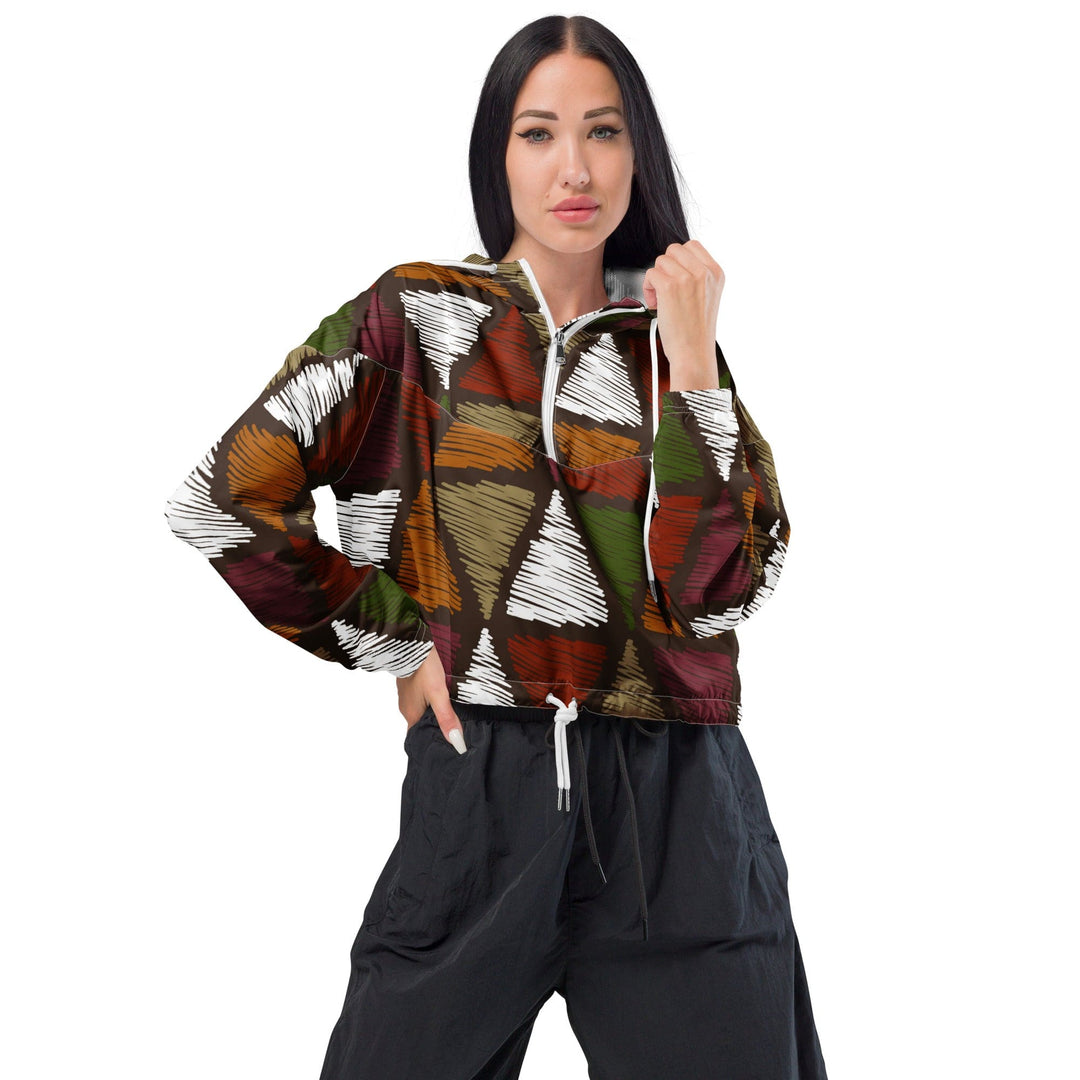 Womens Cropped Windbreaker Jacket Red Green Geometric Lines