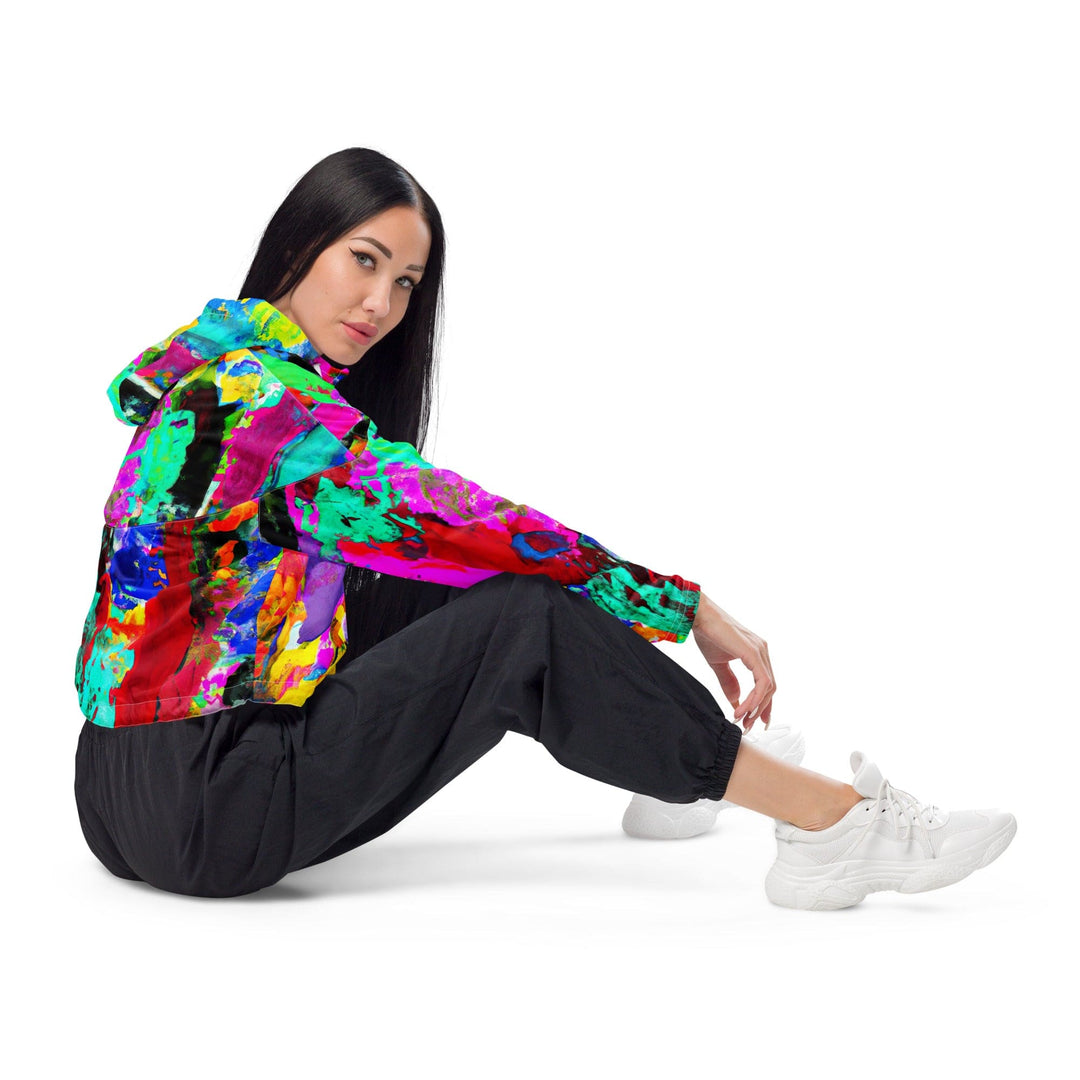 Womens Cropped Windbreaker Jacket Red Multicolor Abstract Print