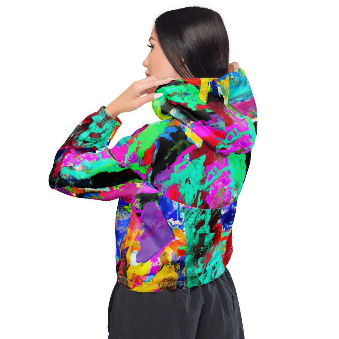 Womens Cropped Windbreaker Jacket Red Multicolor Abstract Print