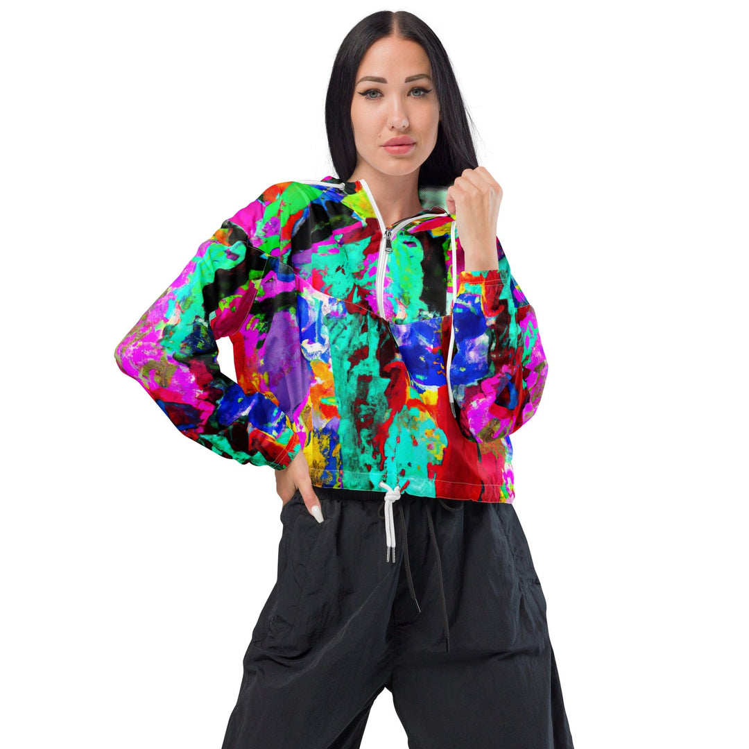 Womens Cropped Windbreaker Jacket Red Multicolor Abstract Print