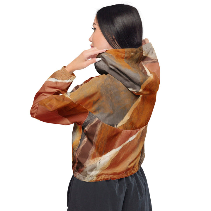 Womens Cropped Windbreaker Jacket Rustic Brown Stone Print