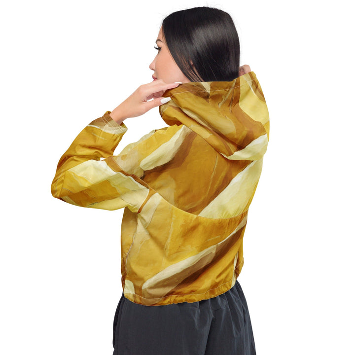 Womens Cropped Windbreaker Jacket Rustic Yellow Stone Print