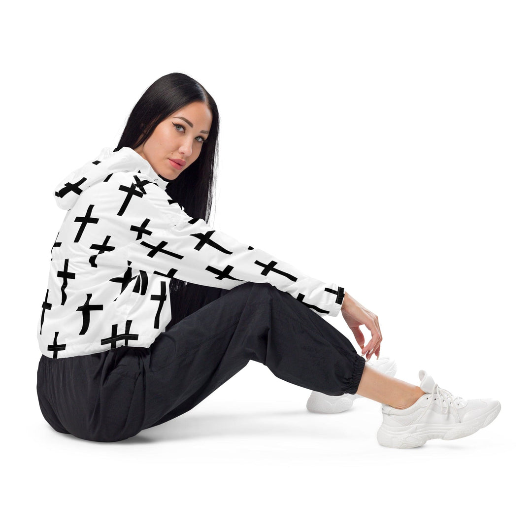 Womens Cropped Windbreaker Jacket White Black Cross Print