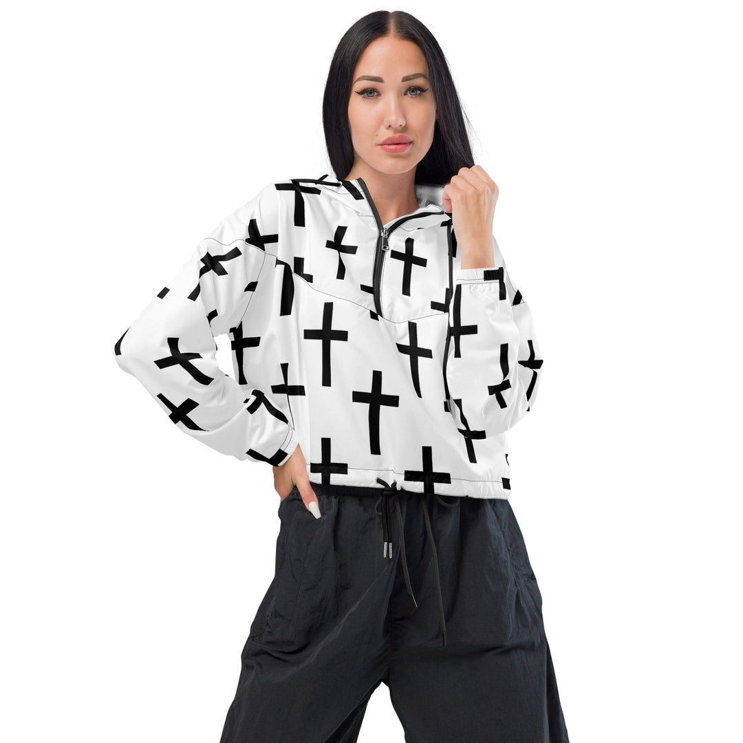 Womens Cropped Windbreaker Jacket White Black Cross Print