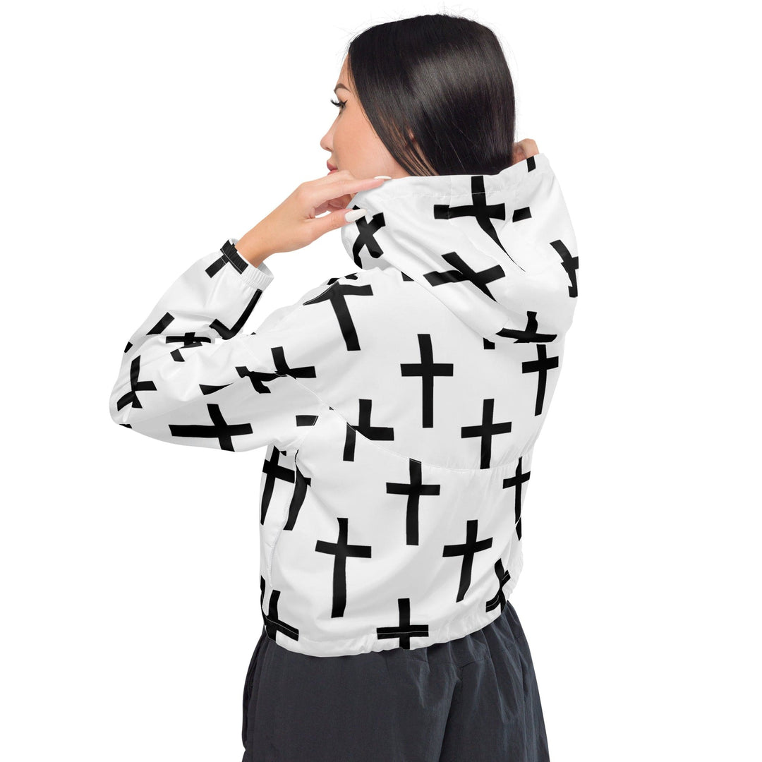 Womens Cropped Windbreaker Jacket White Black Cross Print