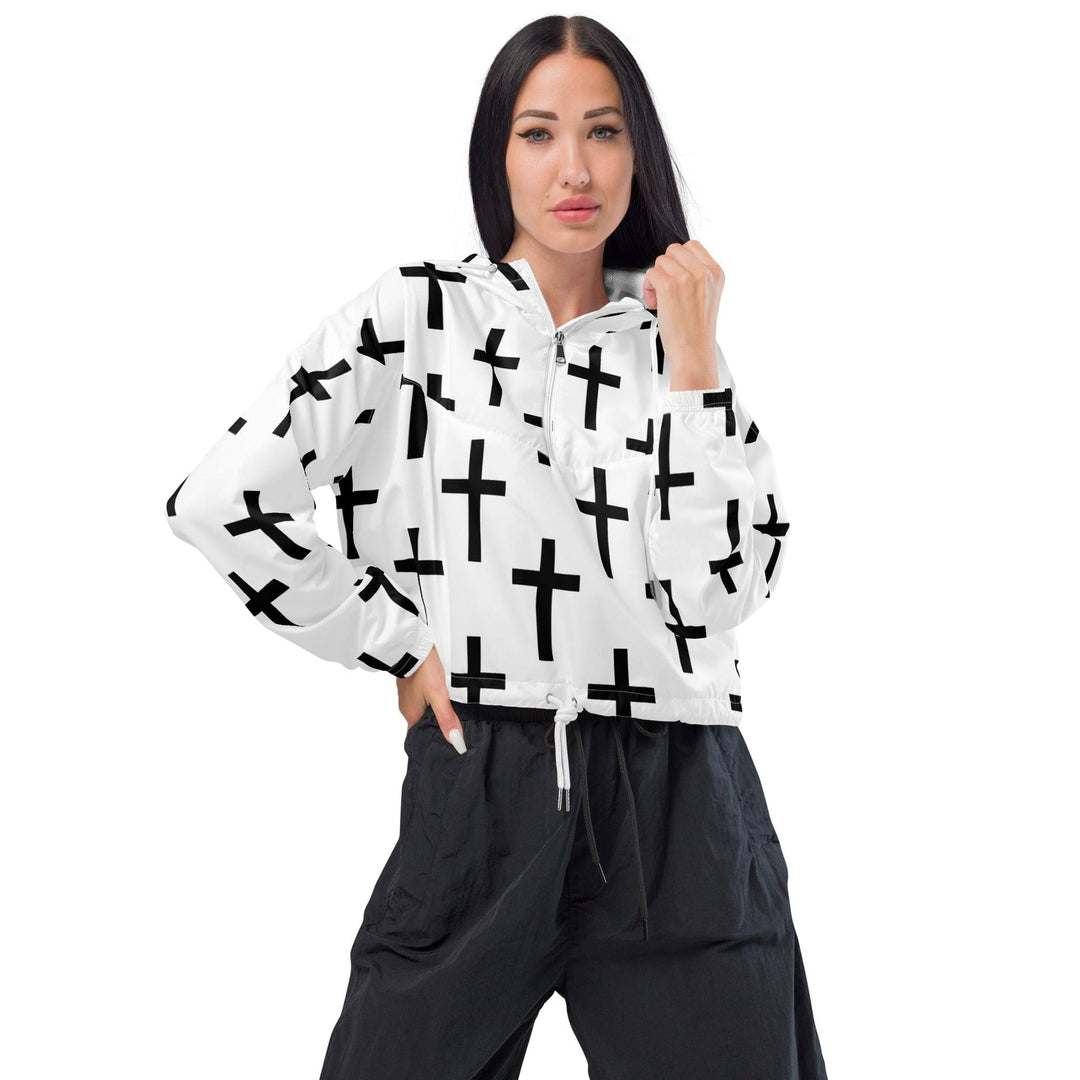 Womens Cropped Windbreaker Jacket White Black Cross Print