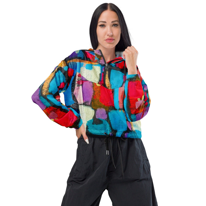 Womens Cropped Windbreaker Jacket Sutileza Red Multicolor Abstract