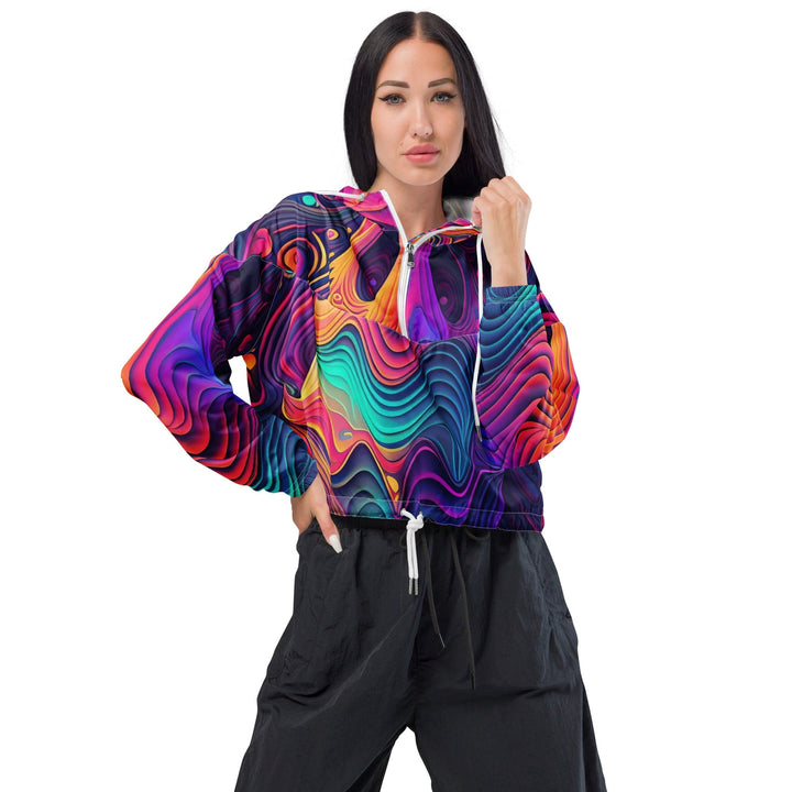 Womens Cropped Windbreaker Jacket Vibrant Psychedelic Kaleidoscope