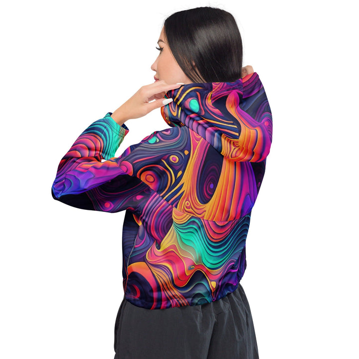 Womens Cropped Windbreaker Jacket Vibrant Psychedelic Kaleidoscope