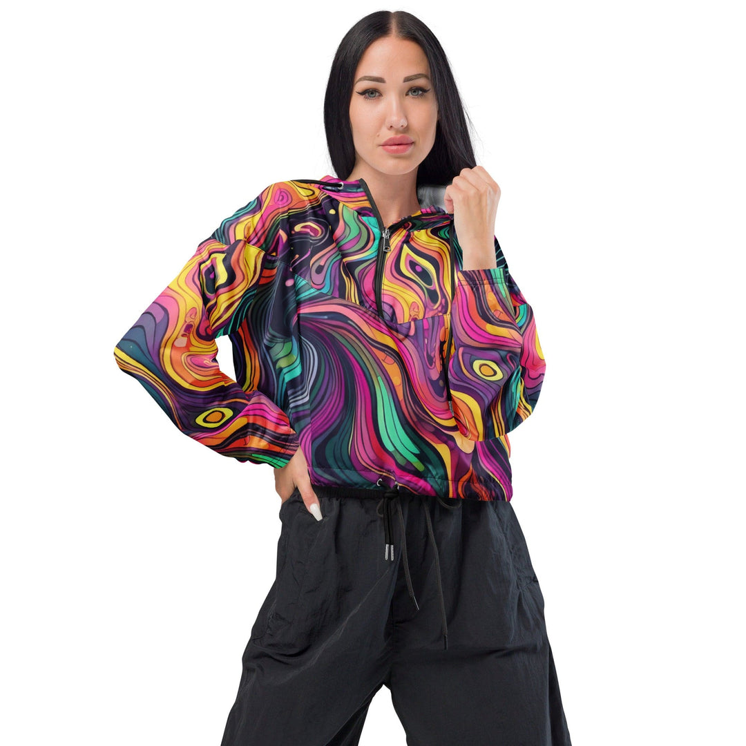 Womens Cropped Windbreaker Jacket Vibrant Psychedelic Rave Pattern 3