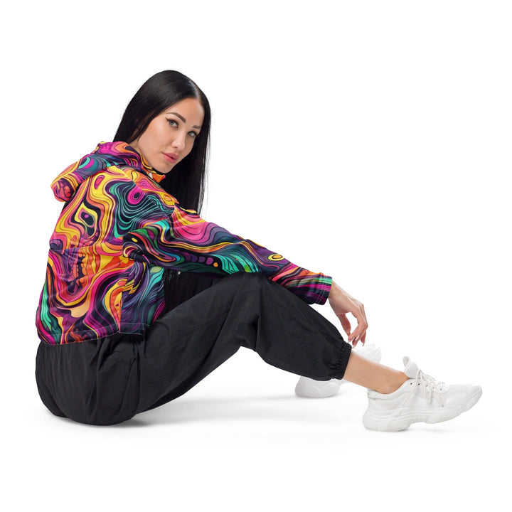 Womens Cropped Windbreaker Jacket Vibrant Psychedelic Rave Pattern 3