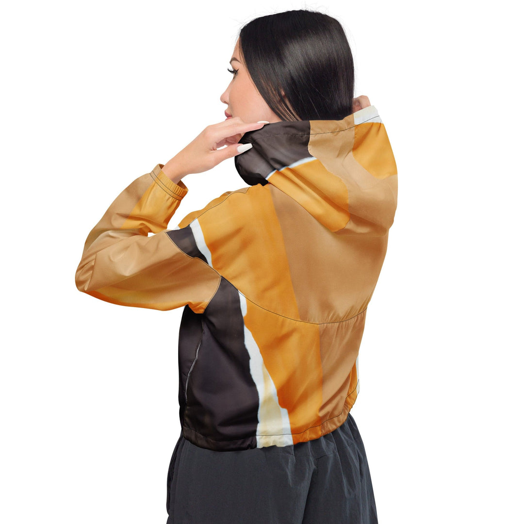 Womens Cropped Windbreaker Jacket Yellow Brown Abstract Pattern