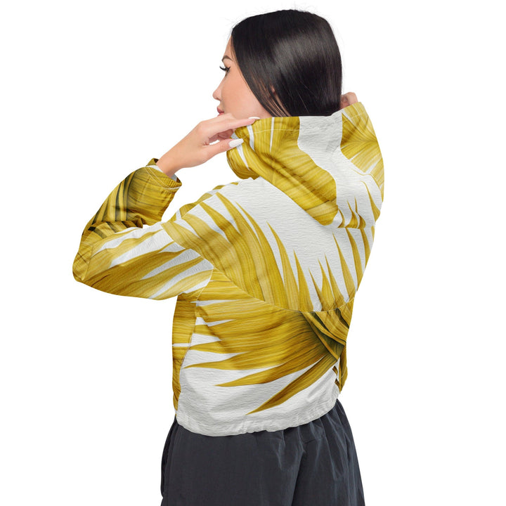 Womens Cropped Windbreaker Jacket Yellow Palm Leaves