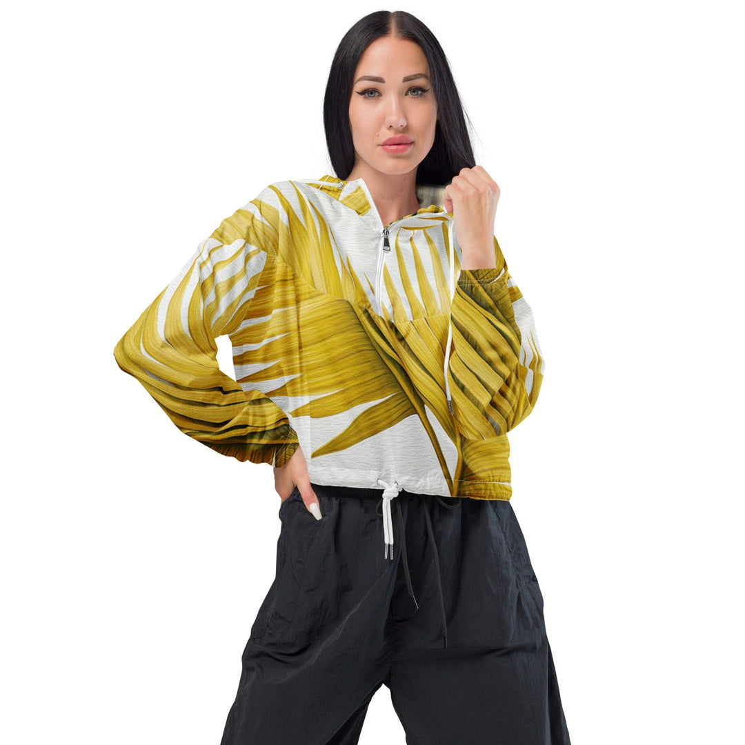 Womens Cropped Windbreaker Jacket Yellow Palm Leaves