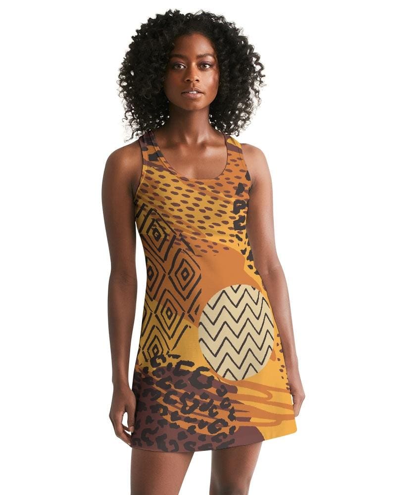 Womens Dress - Multicolor Safari Style Racerback Dress / Brown - Womens