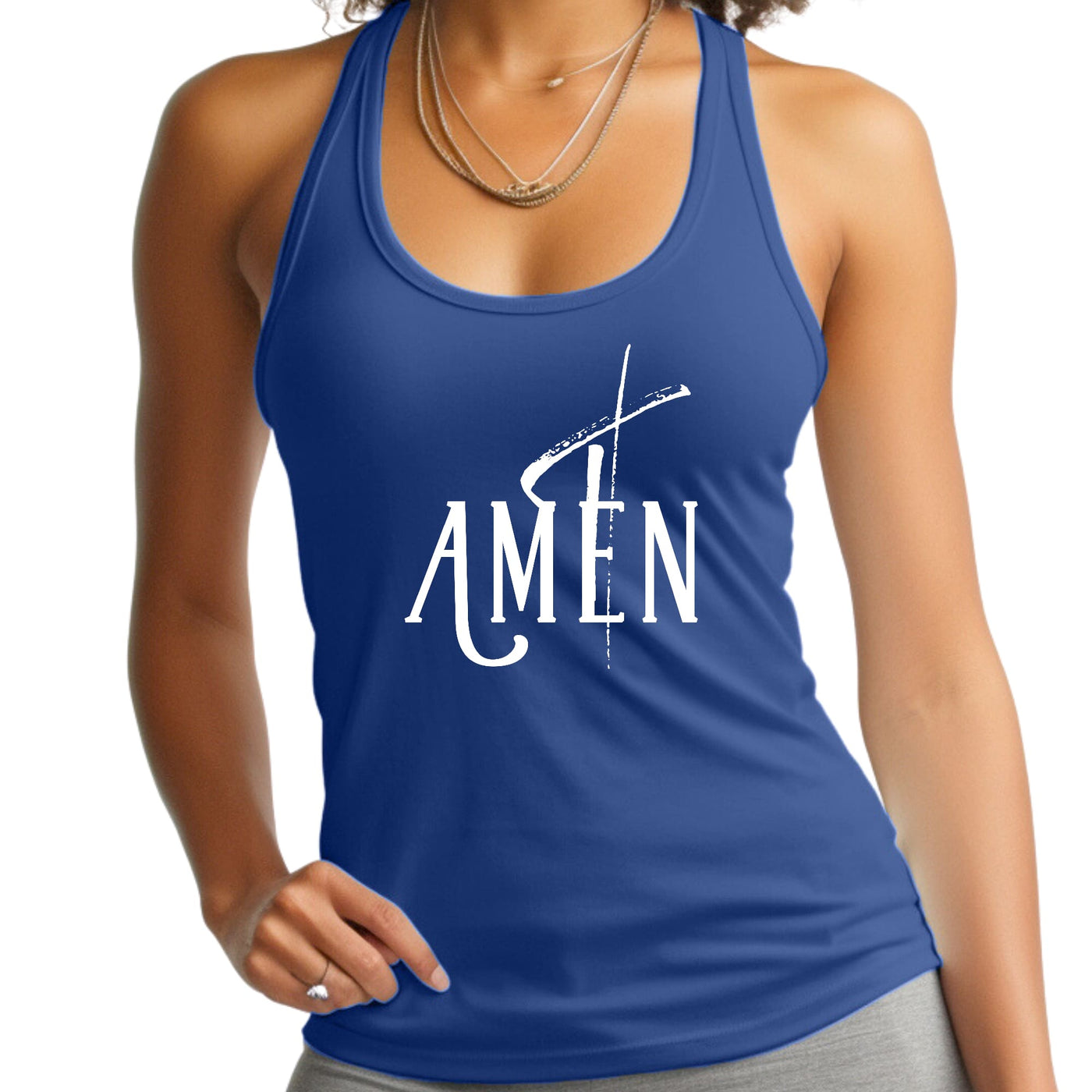 Womens Fitness Tank Top Graphic T-shirt Amen White Print - Womens | Tank Tops