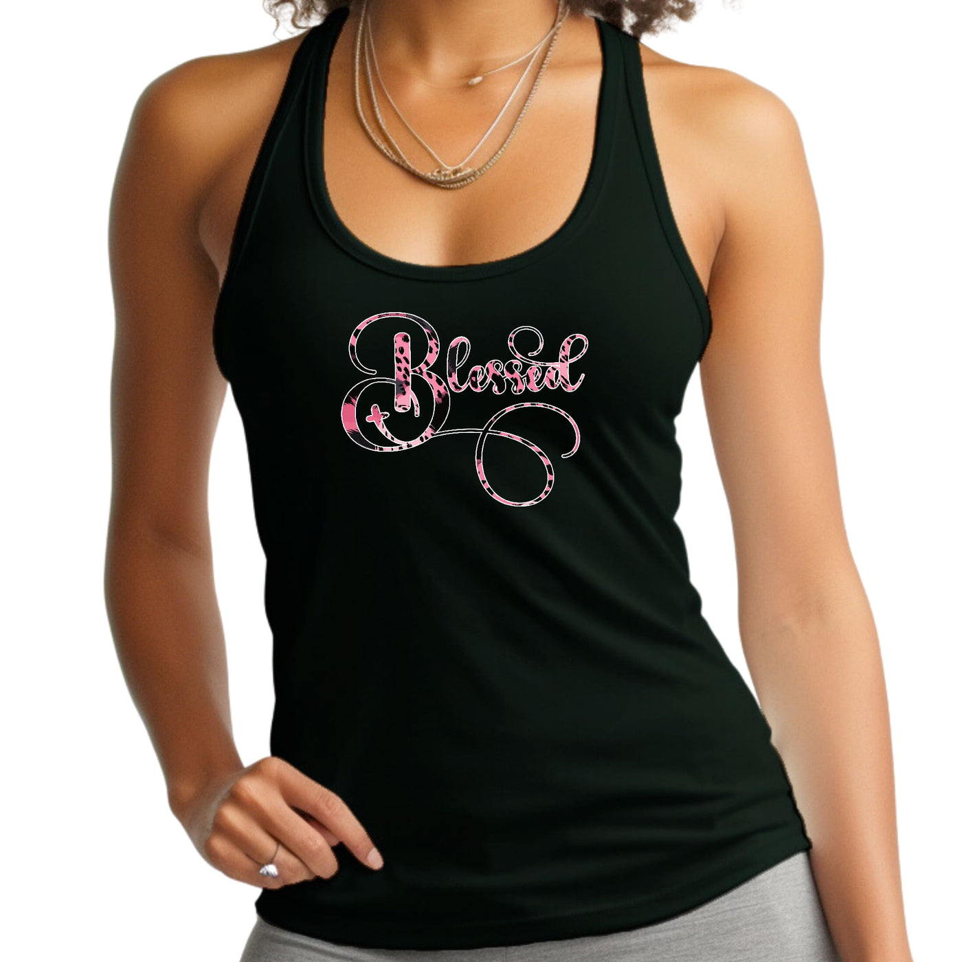 Womens Fitness Tank Top Graphic T-shirt Blessed Pink And Black - Womens | Tank