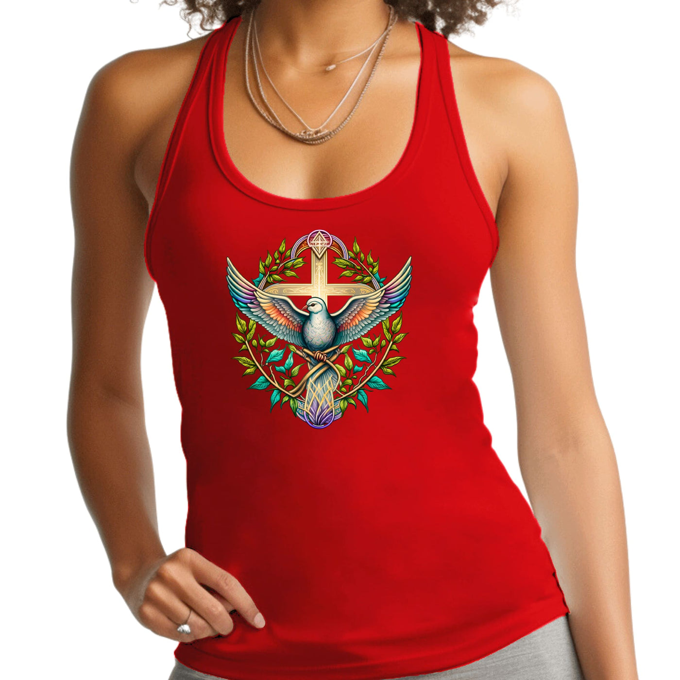 Womens Fitness Tank Top Graphic T-shirt Blue Green Multicolor Dove - Womens