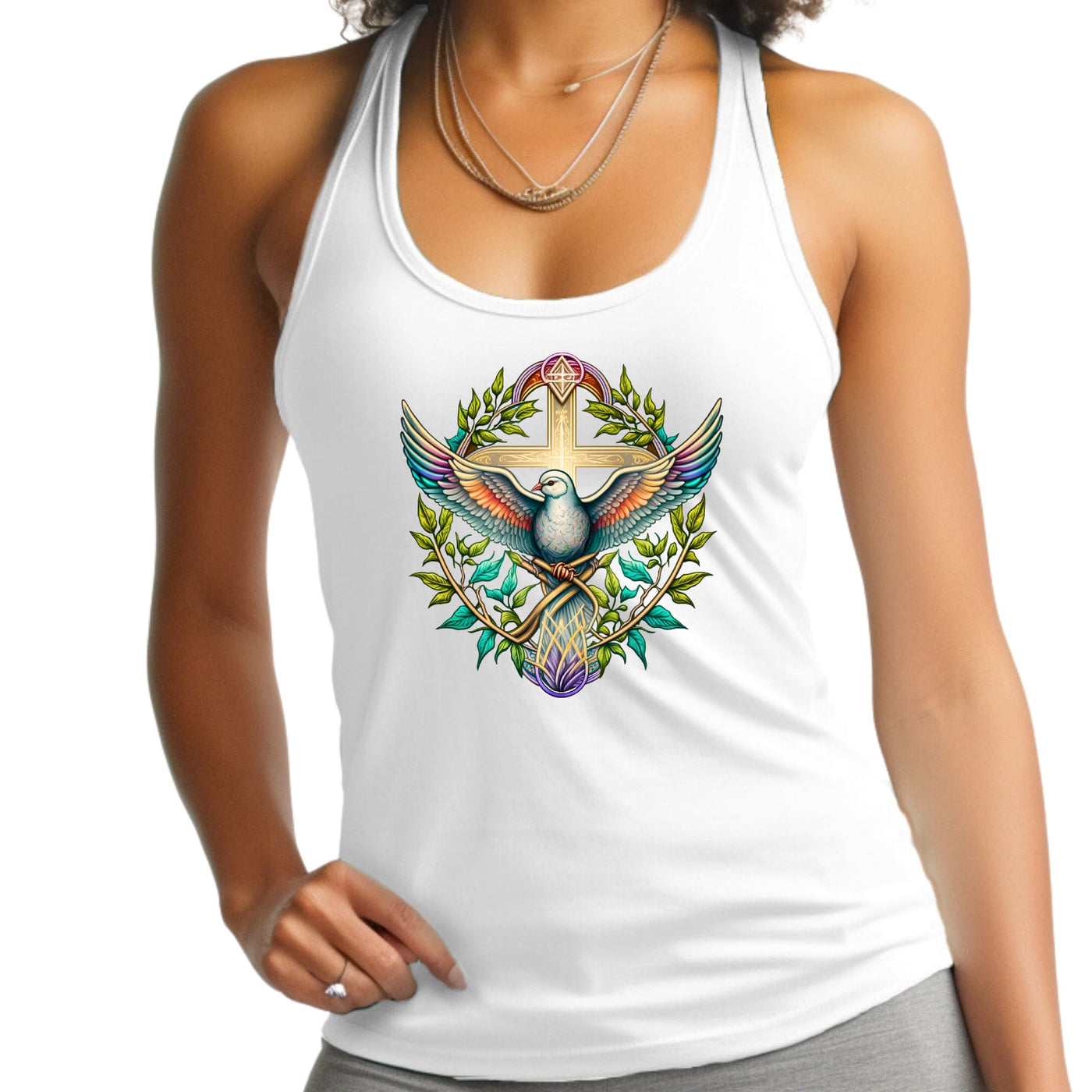 Womens Fitness Tank Top Graphic T-shirt Blue Green Multicolor Dove - Womens