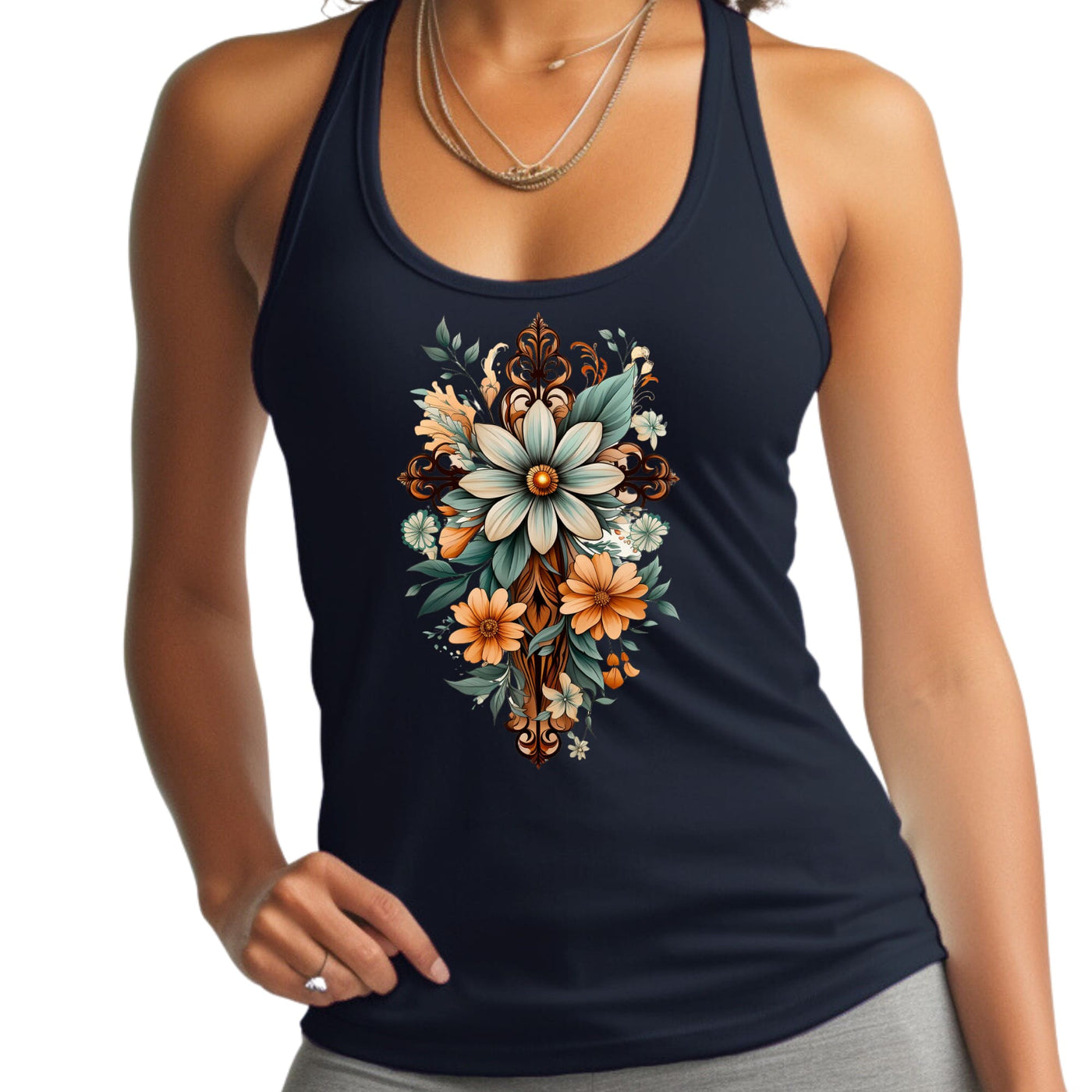 Womens Fitness Tank Top Graphic T-shirt Christian Cross Floral - Womens | Tank