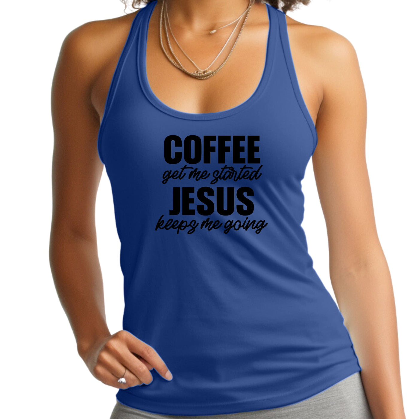 Womens Fitness Tank Top Graphic T-shirt Coffee Get Me Started Jesus - Womens