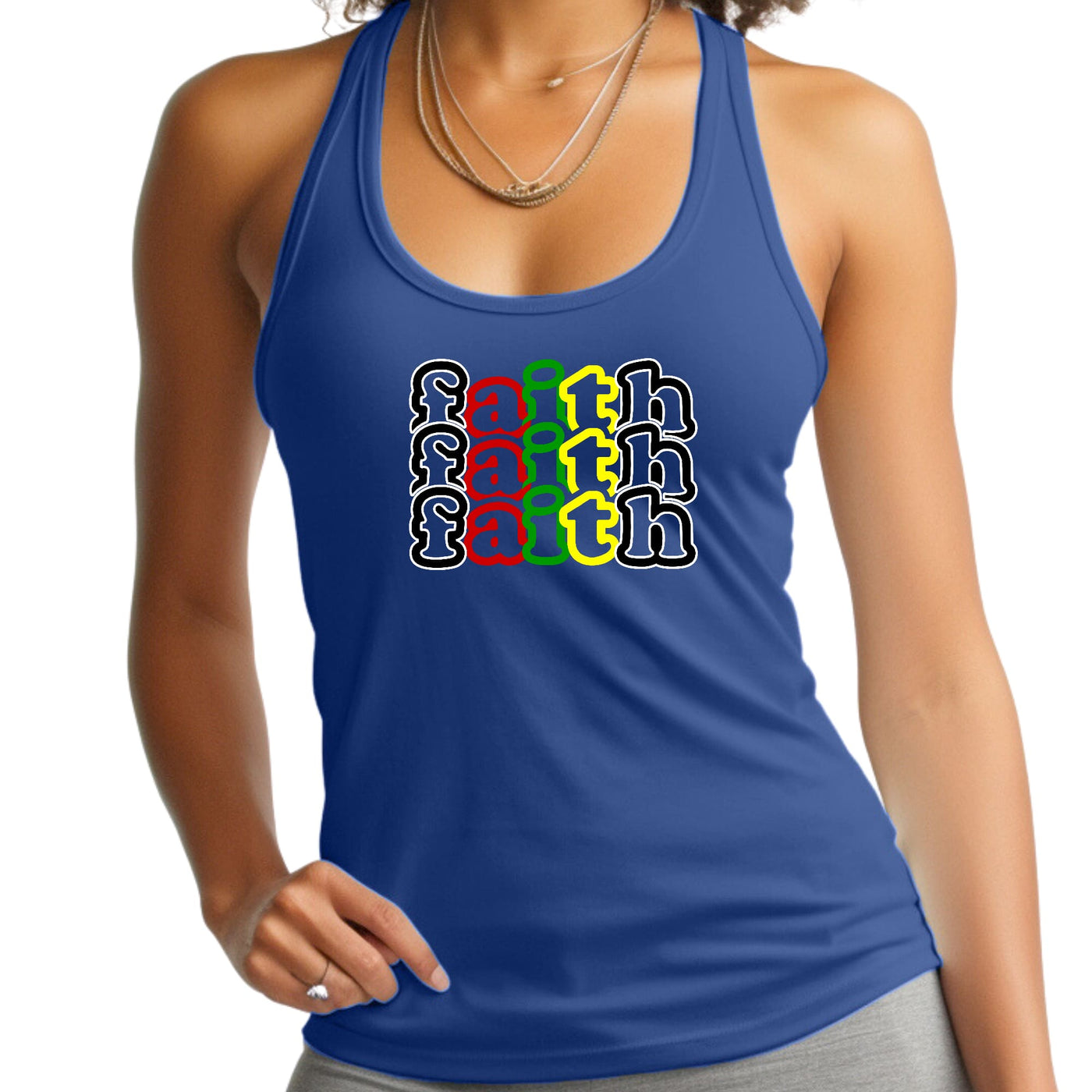 Womens Fitness Tank Top Graphic T-shirt Faith Stack Multicolor Black - Womens
