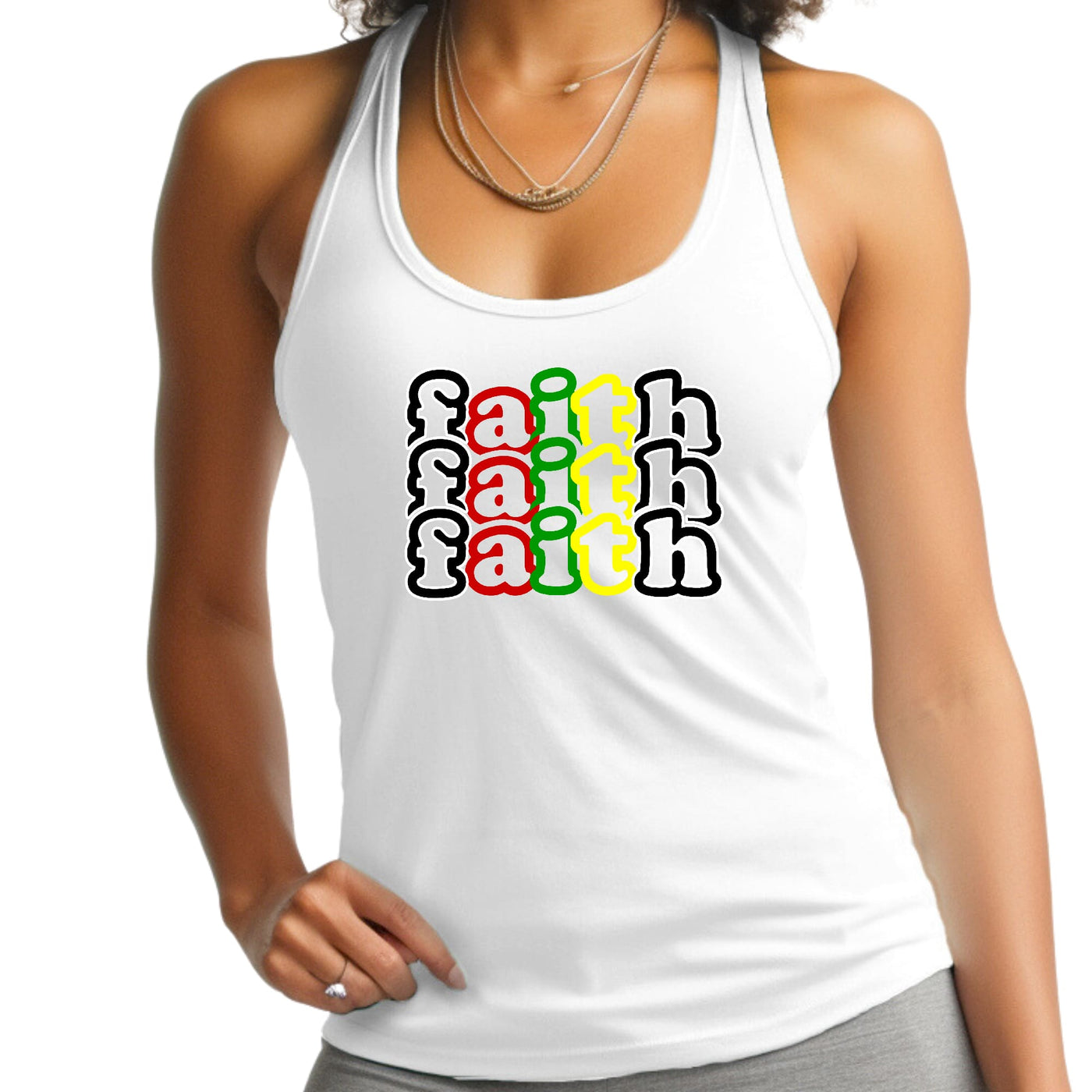 Womens Fitness Tank Top Graphic T-shirt Faith Stack Multicolor Black - Womens
