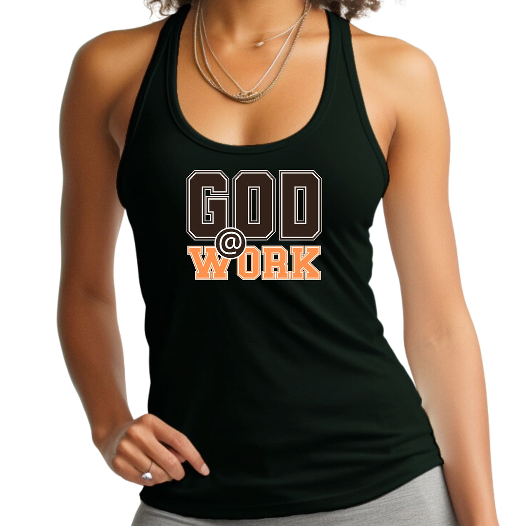 Womens Fitness Tank Top Graphic T-shirt God @ Work Brown and Orange - Womens