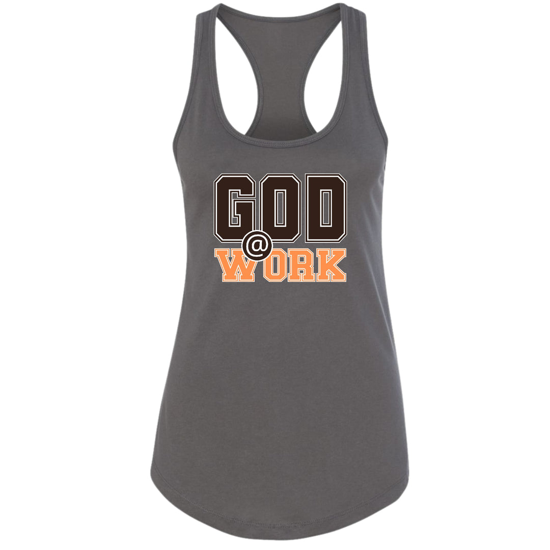 Womens Fitness Tank Top Graphic T-shirt God @ Work Brown And Orange - Womens