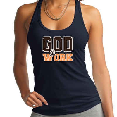 Womens Fitness Tank Top Graphic T-shirt God @ Work Brown And Orange - Womens