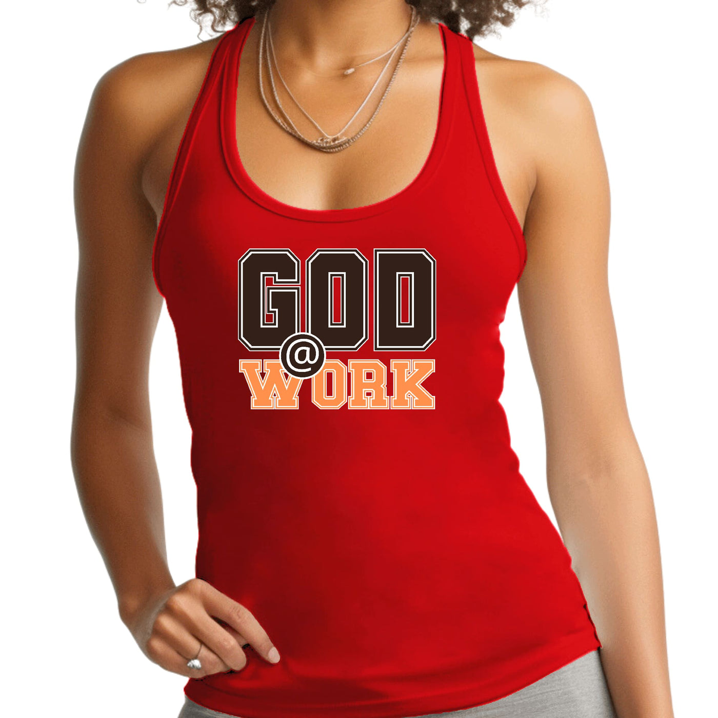 Womens Fitness Tank Top Graphic T-shirt God @ Work Brown And Orange - Womens