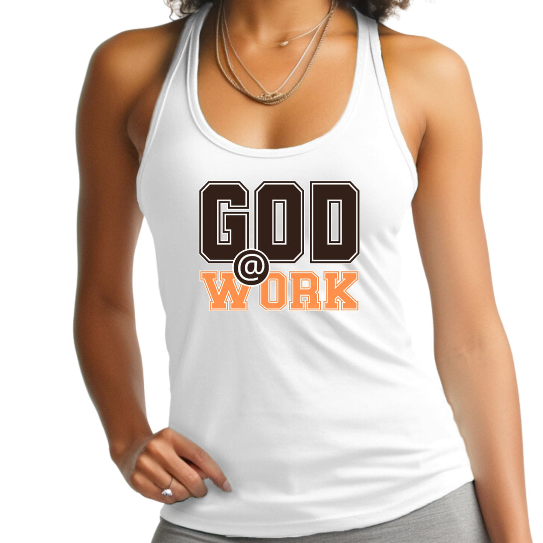 Womens Fitness Tank Top Graphic T-shirt God @ Work Brown And Orange - Womens