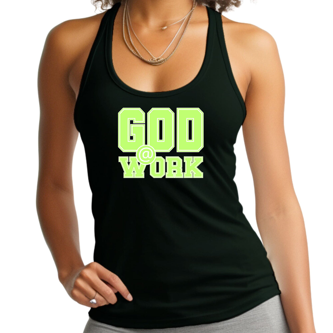 Womens Fitness Tank Top Graphic T-shirt God @ Work Neon Green - Womens | Tank