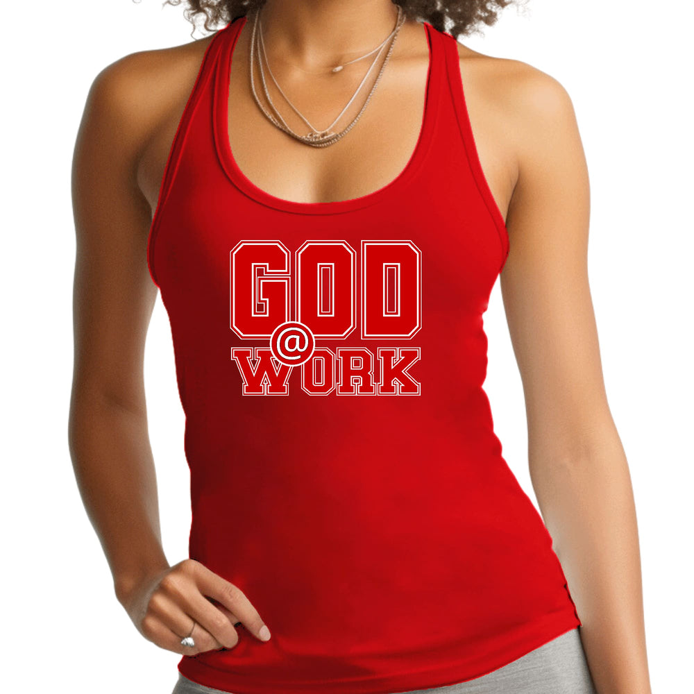 Womens Fitness Tank Top Graphic T-shirt God @ Work Red and White - Womens