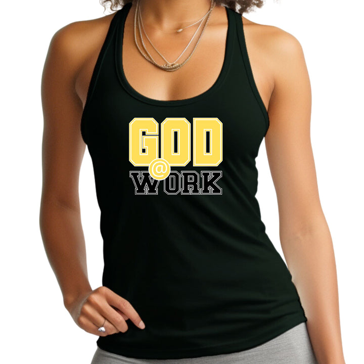 Womens Fitness Tank Top Graphic T-shirt God @ Work Yellow and Black - Womens